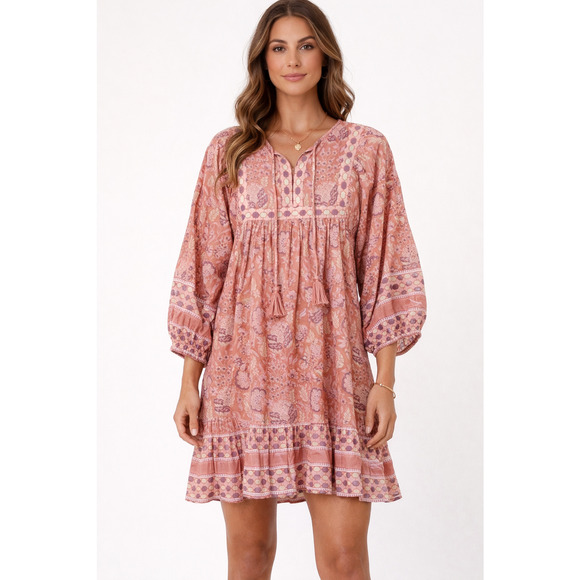 Cleobella Dresses & Skirts - Cleobella Dress Womens L Pink Floral Boho Balloon Sleeve Tassel Mini Swing